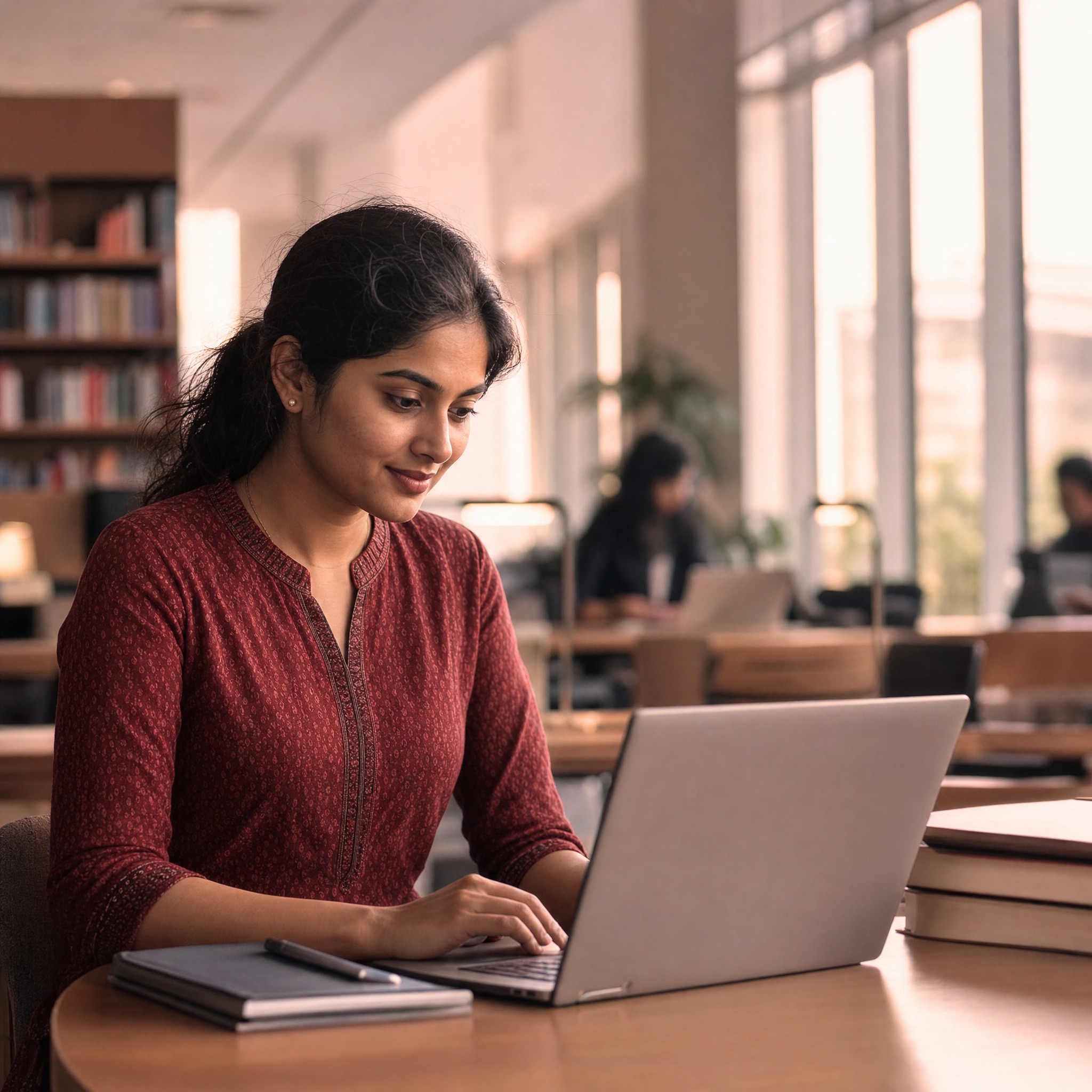 A professional learning on a laptop in a campus library