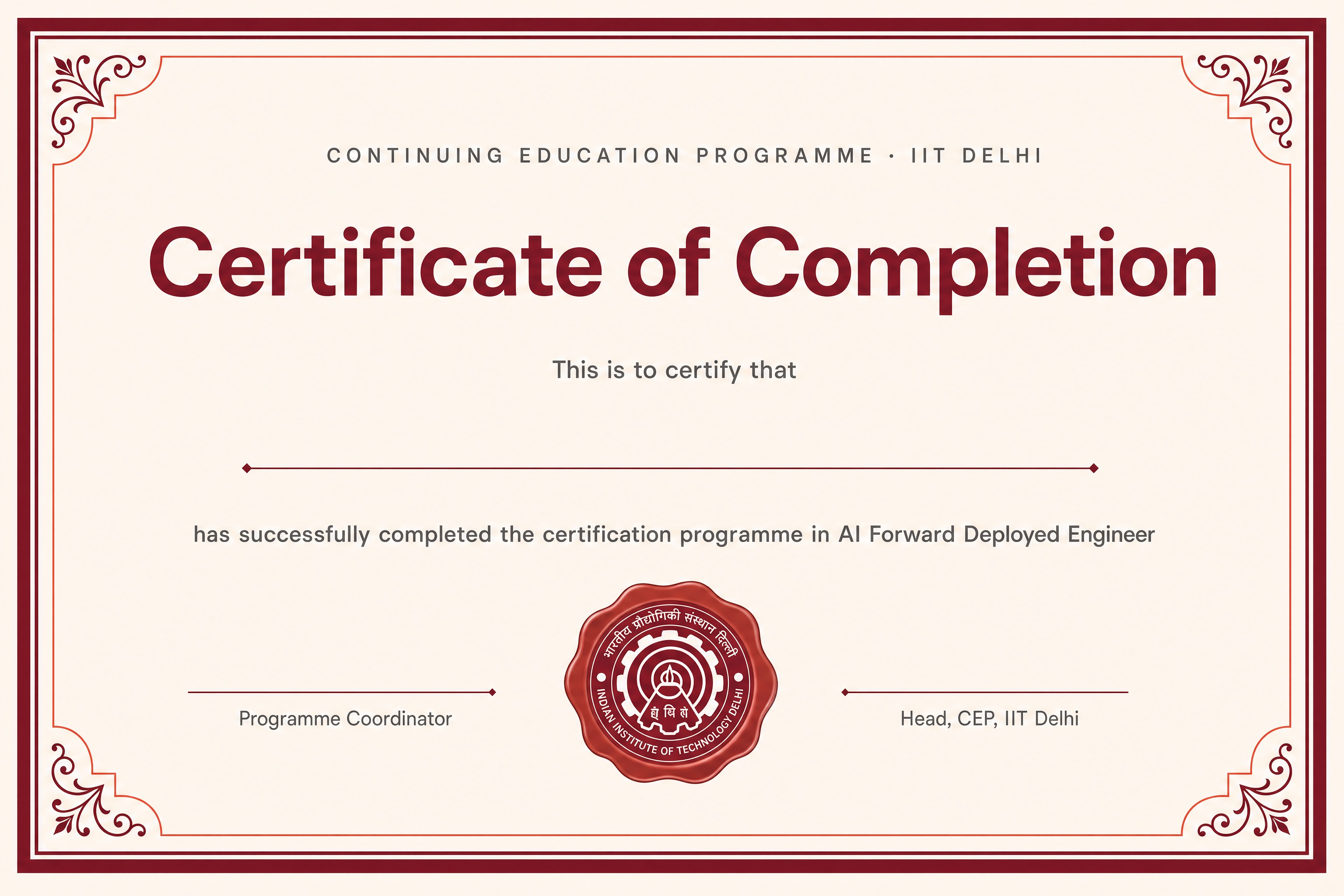 Sample Certificate of Completion from CEP, IIT Delhi