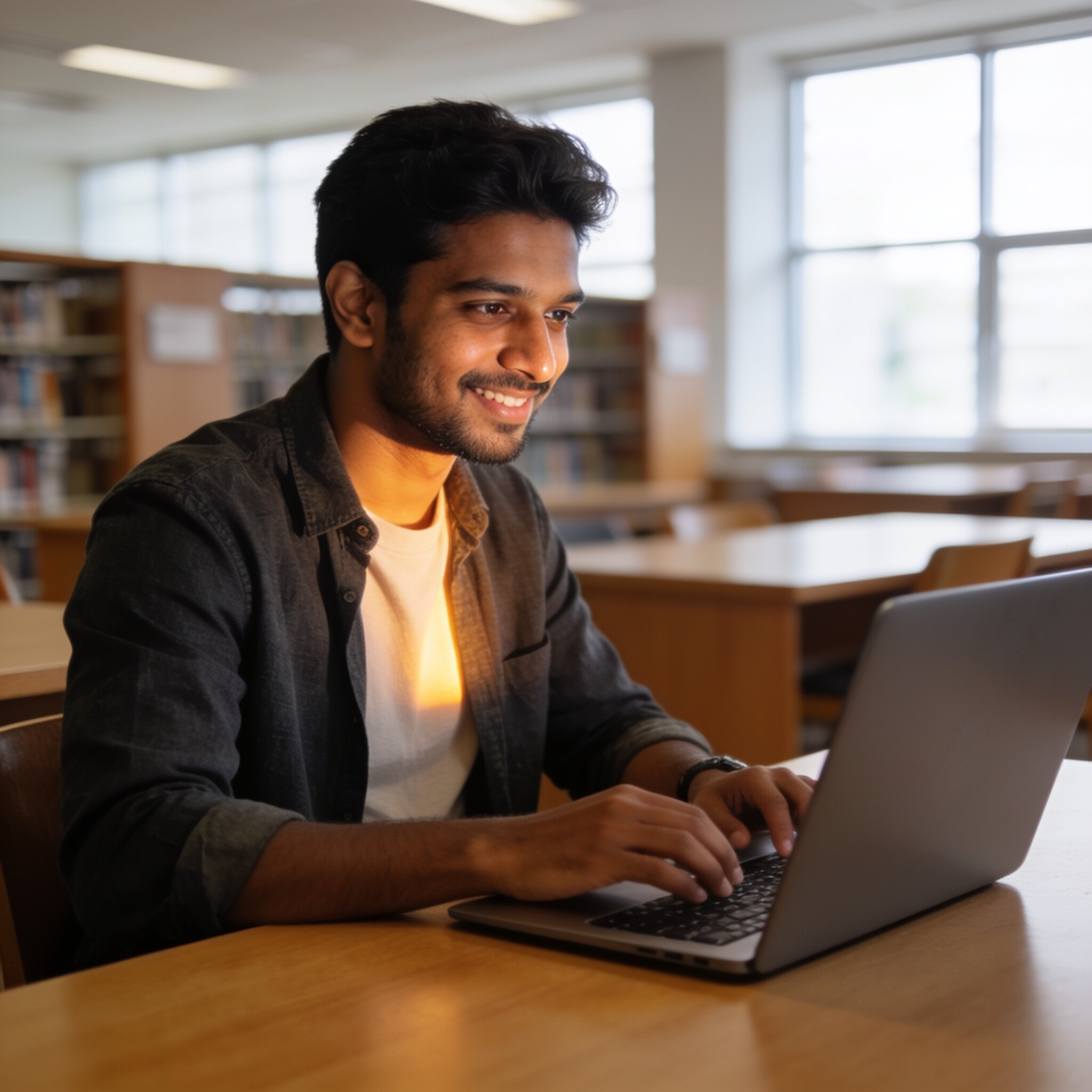 A professional learning on a laptop in a campus library